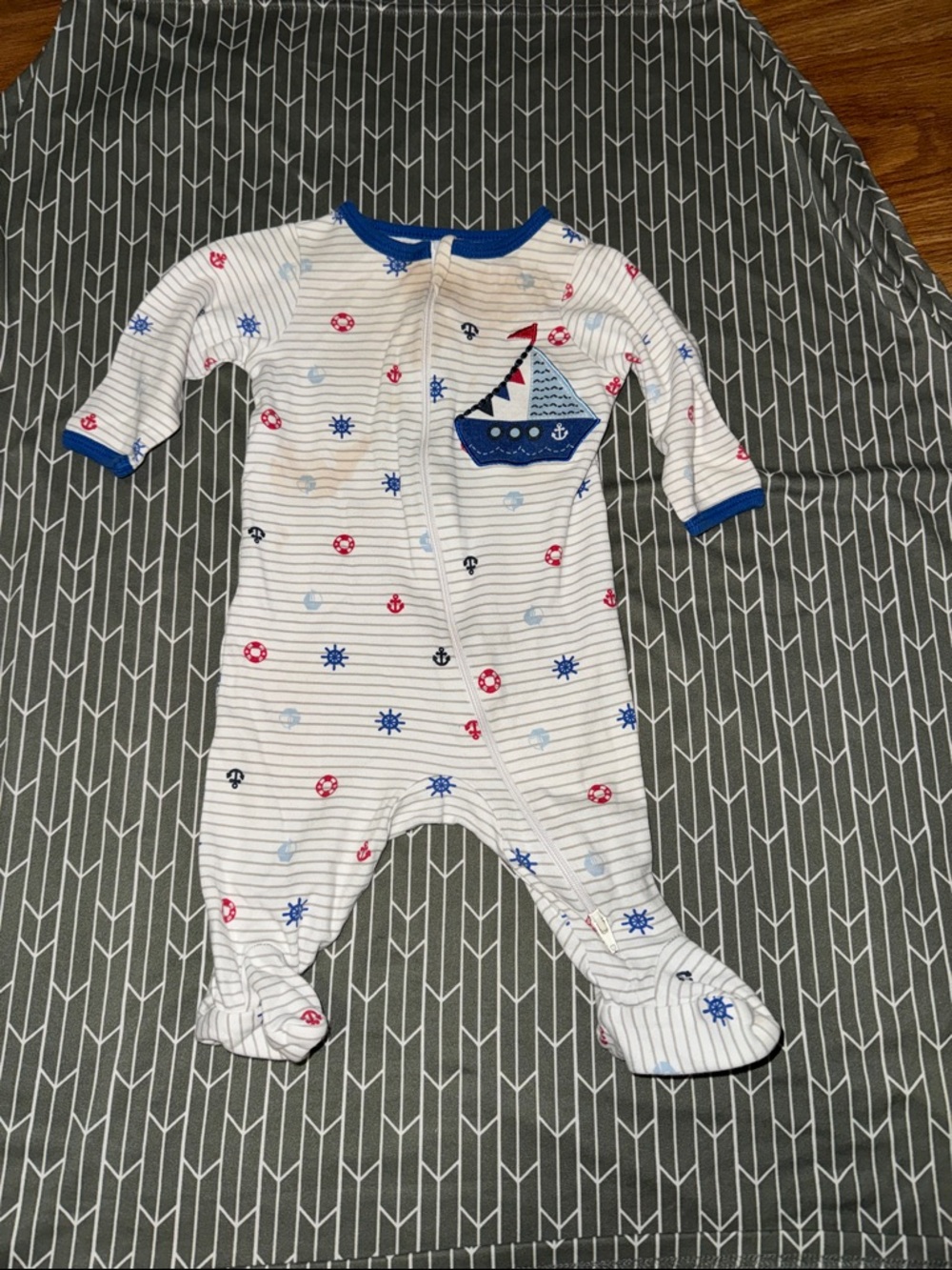 wonder nation White Striped Footie with Blue Sailboat and Red Accents